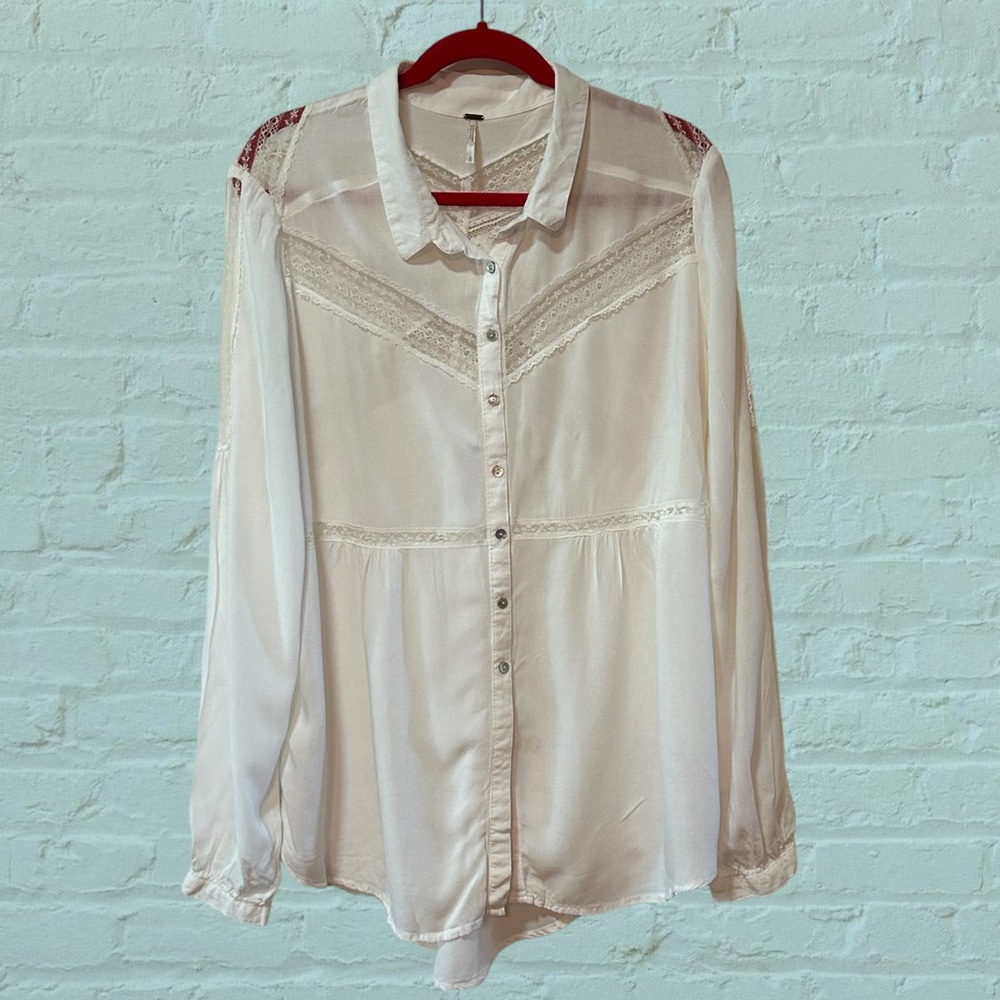 FREE PEOPLE Women’s Ivory Long Sleeved Blouse Lace - Size Large